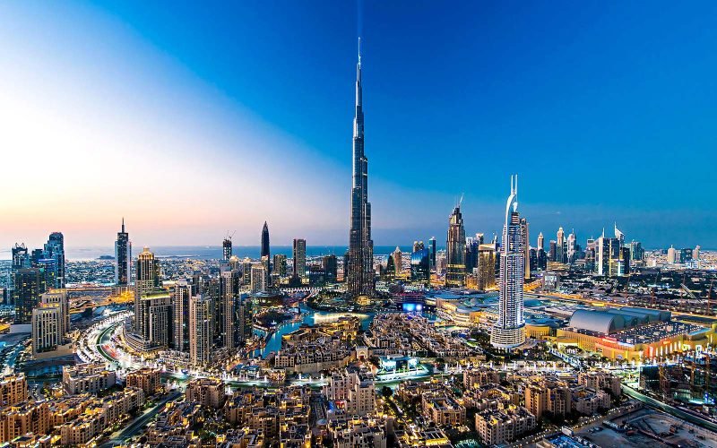 Dubai skyline with the Burj Khalifa seen from a city tour stop at sunset