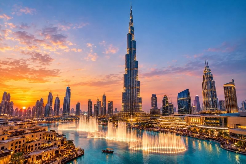 The Burj Khalifa and Downtown Dubai skyline at dusk
